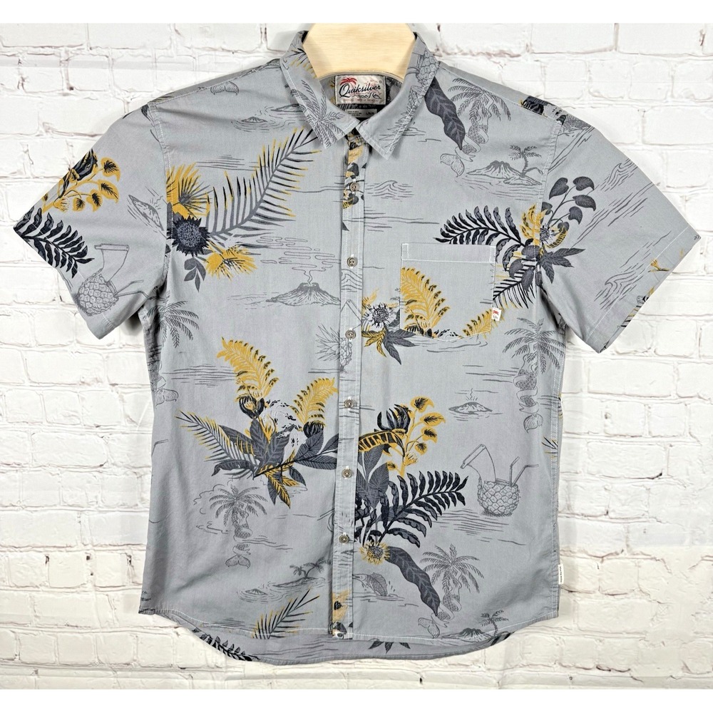 Quicksilver "Radical Times in Paradise" Hawaiian Shirt Men's Large Gray S/S